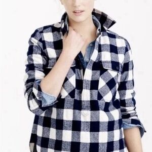 J. Crew Buffalo Plaid Flannel 1/2 Zip Shirt Jacket Navy Ivory Women's Size M